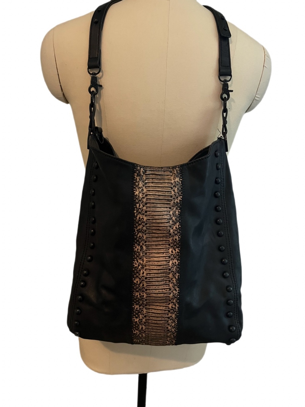 Loeffler Randall Black Shoulder Bag with Brown Snake-Print Center. 07/05